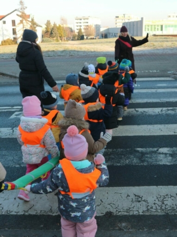 Zimowy spacer -nauka bezpiecznego przechodzenia przez jezdnię