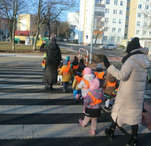 Zimowy spacer -nauka bezpiecznego przechodzenia przez jezdnię