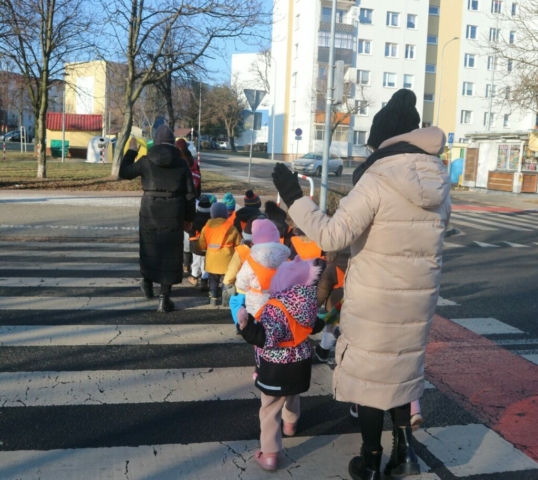 Zimowy spacer -nauka bezpiecznego przechodzenia przez jezdnię
