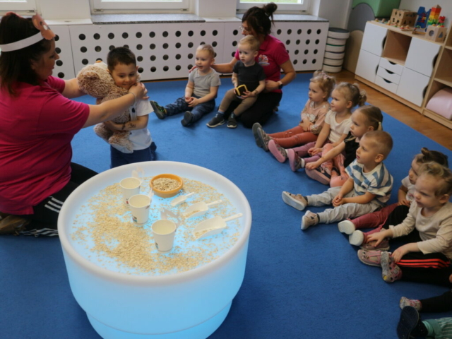 Wysłuchanie wiersza pt. "Miś" i zabawy sensoryczne.